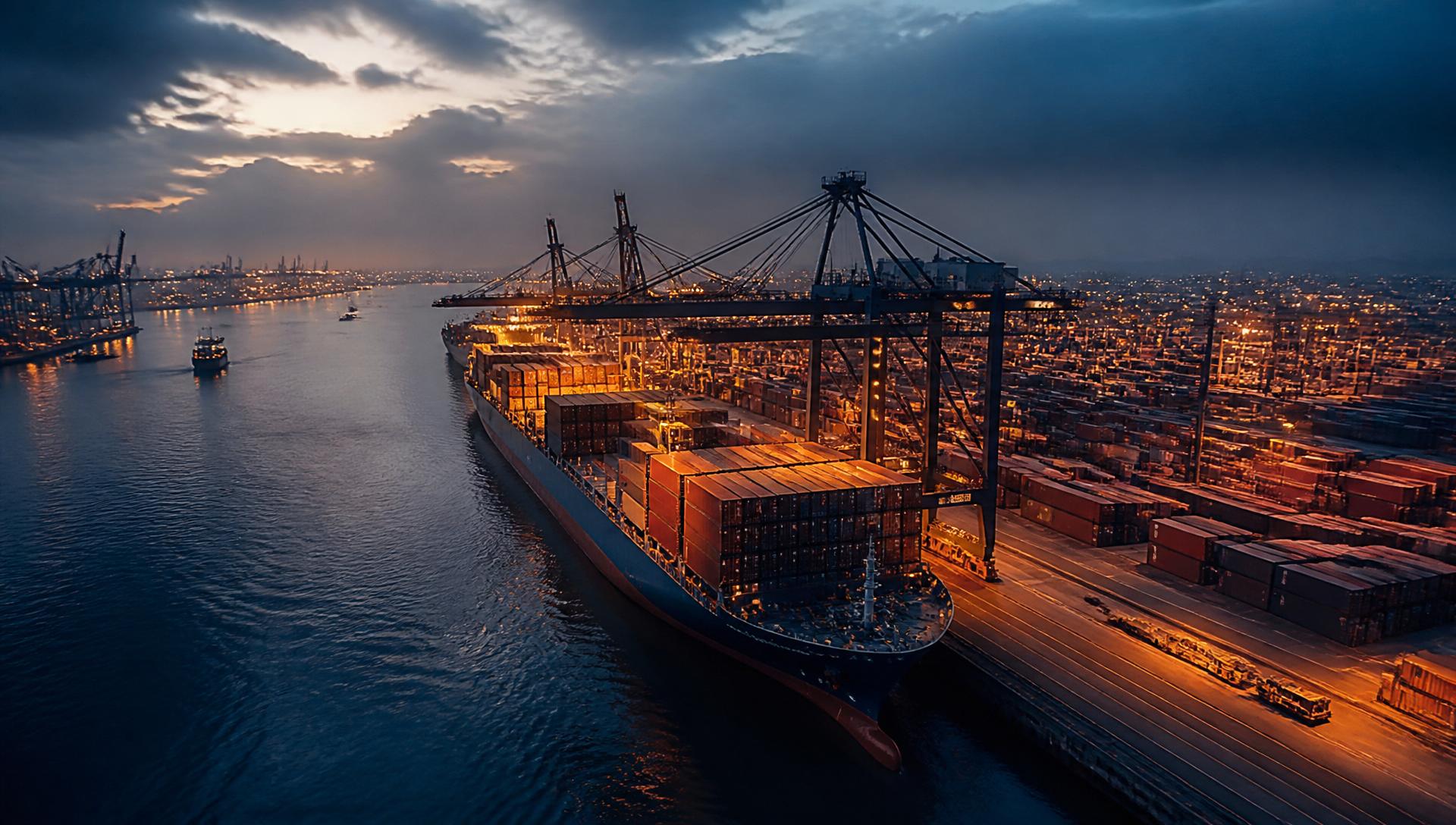 Global container port at blue hour